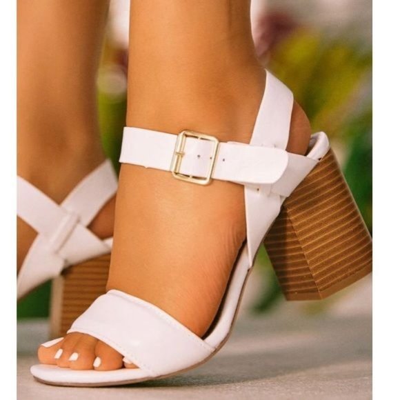 Shoes - !! NEW !! Vegan Leather Ankle Strap Block Heels in White